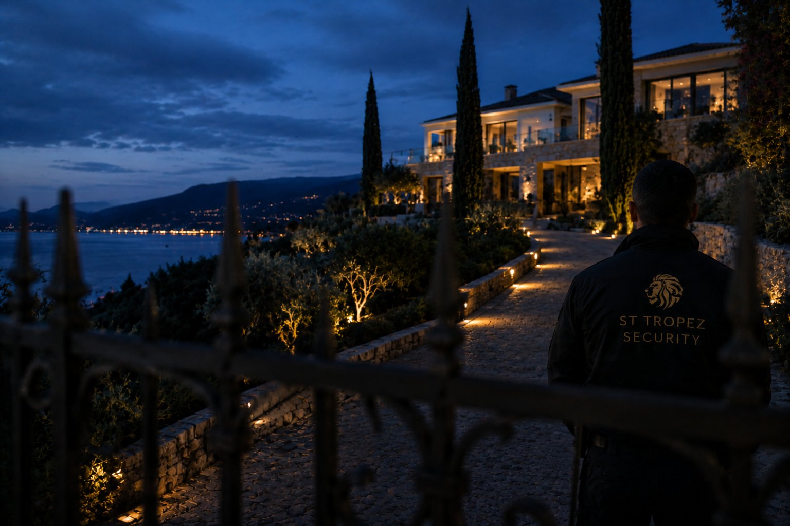 St Tropez Security agent watching a lit luxury villa at dusk, villa security on the Saint-Tropez peninsula