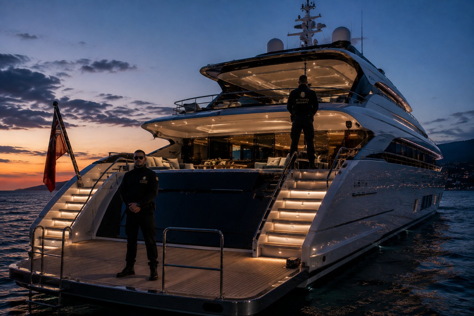 Two St Tropez Security agents on watch on a superyacht aft deck at sunset, yacht security in the Gulf of Saint-Tropez